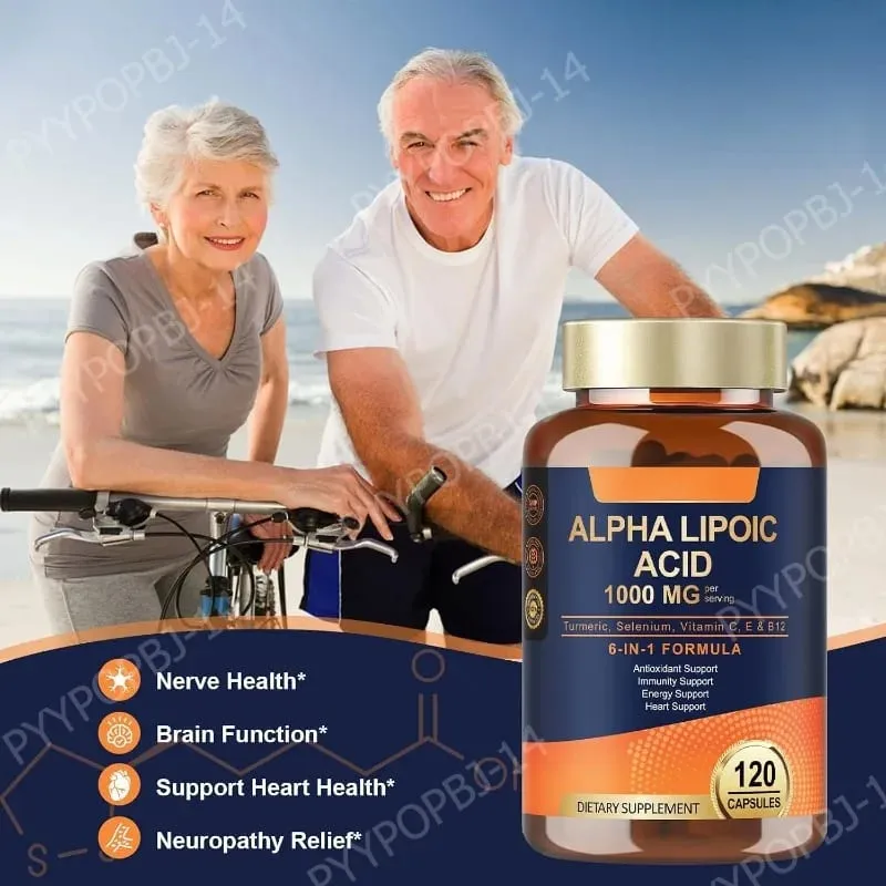 Alpha Lipoic Acid 6-in-1 Formula 1000mg Turmeric Selenium Vitamins C E B12 120 Veggie Capsules for Daily Wellness Support