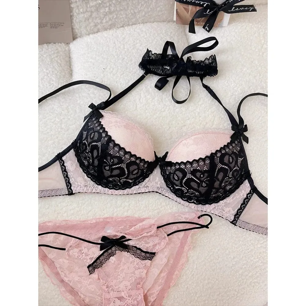 Ladies Halter Neck Lace Bra Detachable Bow Design Underwire Push Up Brassiere Side Breast Collection Daily Intimates Lingerie
