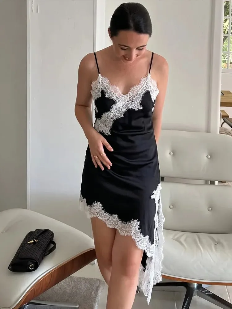 HH Women Elegant Asymmetry Hem Solid Dress Sleeveless Backless V Neck Fashion Dresses Female Sexy Lace splicing Mini Beach Dress
