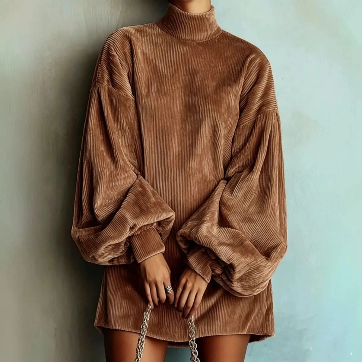 Women Corduroy Turtleneck Mini Dress Oversized Elegant Loose Lantern Sleeve Casual Dresses Autumn Winter Streetwear Short Dress
