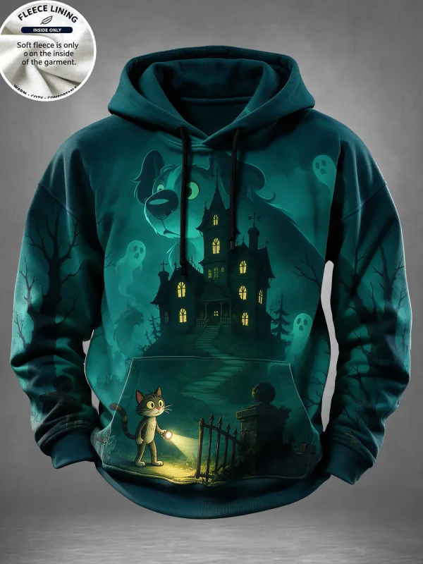 Englisch: Halloween Haunted House Ghost Pumpkin Bat Print Hoodie Herren Fleece gefüttertes POD Sweatshirt Lässiger Langarmpullover