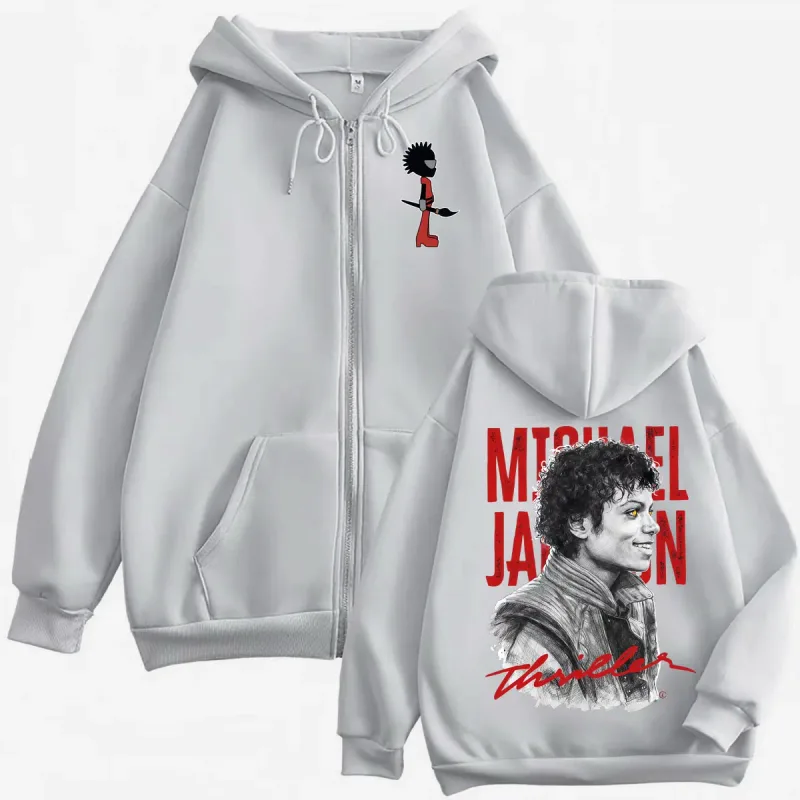90's Rock Singer Michael Jackson Graphic Zipper Hoodies Vintage Fashion Zip Up Sweatshirts Men Women Casual Oversized Pullovers