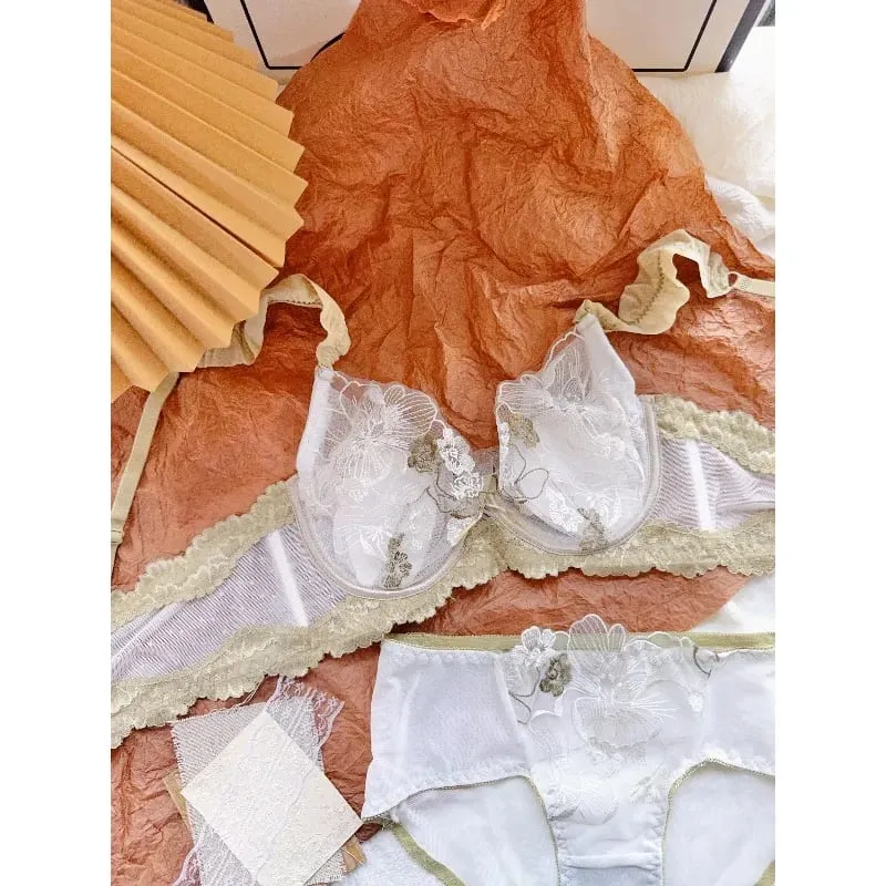 Lace Floral French Bra Set Soft Underwire Ultra Thin Bunny Cup Plus Size Minimizer Bra Sexy Lingerie Set For Women Daily Wear