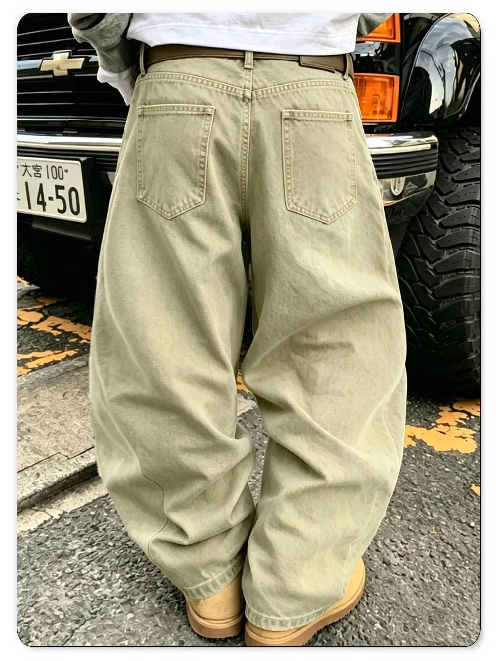 Men's American Retro Light Khaki Wide Leg Curved Jeans Loose Straight Tube Washed Work Pants High Street Fashion Versatile
