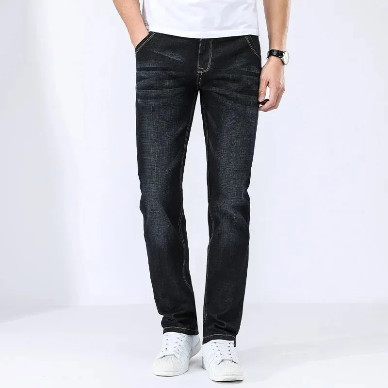 2026 Summer Spring New Men's Pure Black Slim Jeans Elastic Straight Pants BusinessLeisure Korean Vintage Denim Pants Male