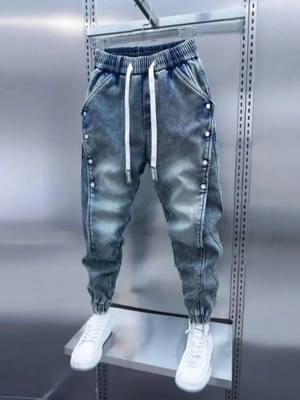 Drawstring Menswear Clothing Handsome Spring New Men's Jeans Korean Elastic Waist Buttons Decorative Fashion Harlan Pants Men — image 7