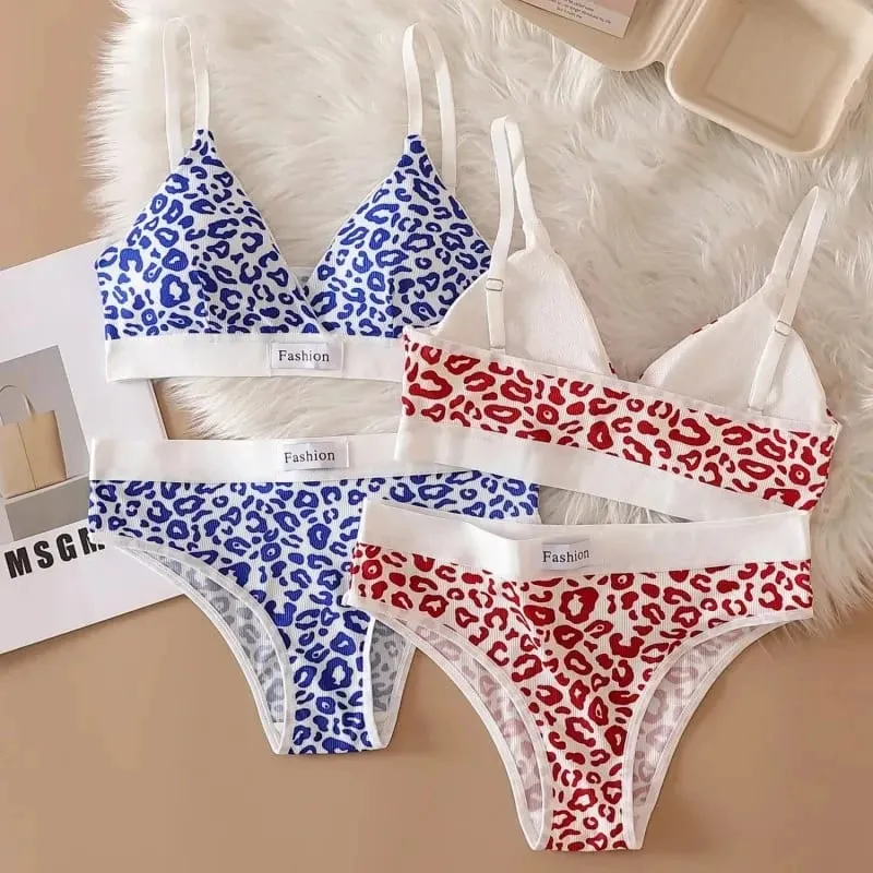 1/2/3set Women V-Neck Bra And Panties Set Low Waist Panties Female Sexy Lingerie Set Leopard Print Cotton Bra Sport Underwear