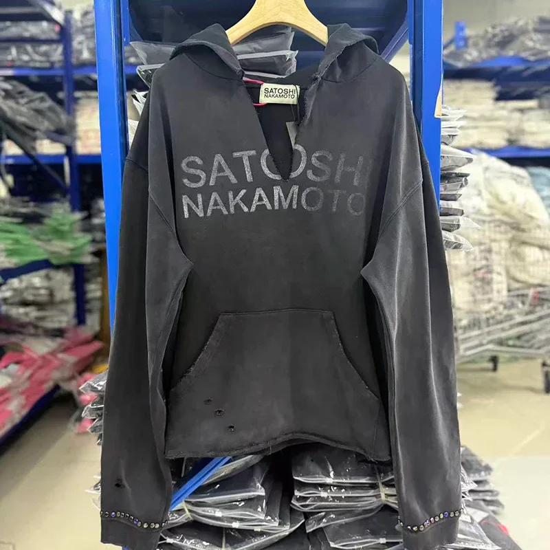 26SS Autumn Winter New Arrival Satoshi Nakamoto Hooded Sweatshirts Destructo Studded Washed Cotton Hooded Unisex Pullover