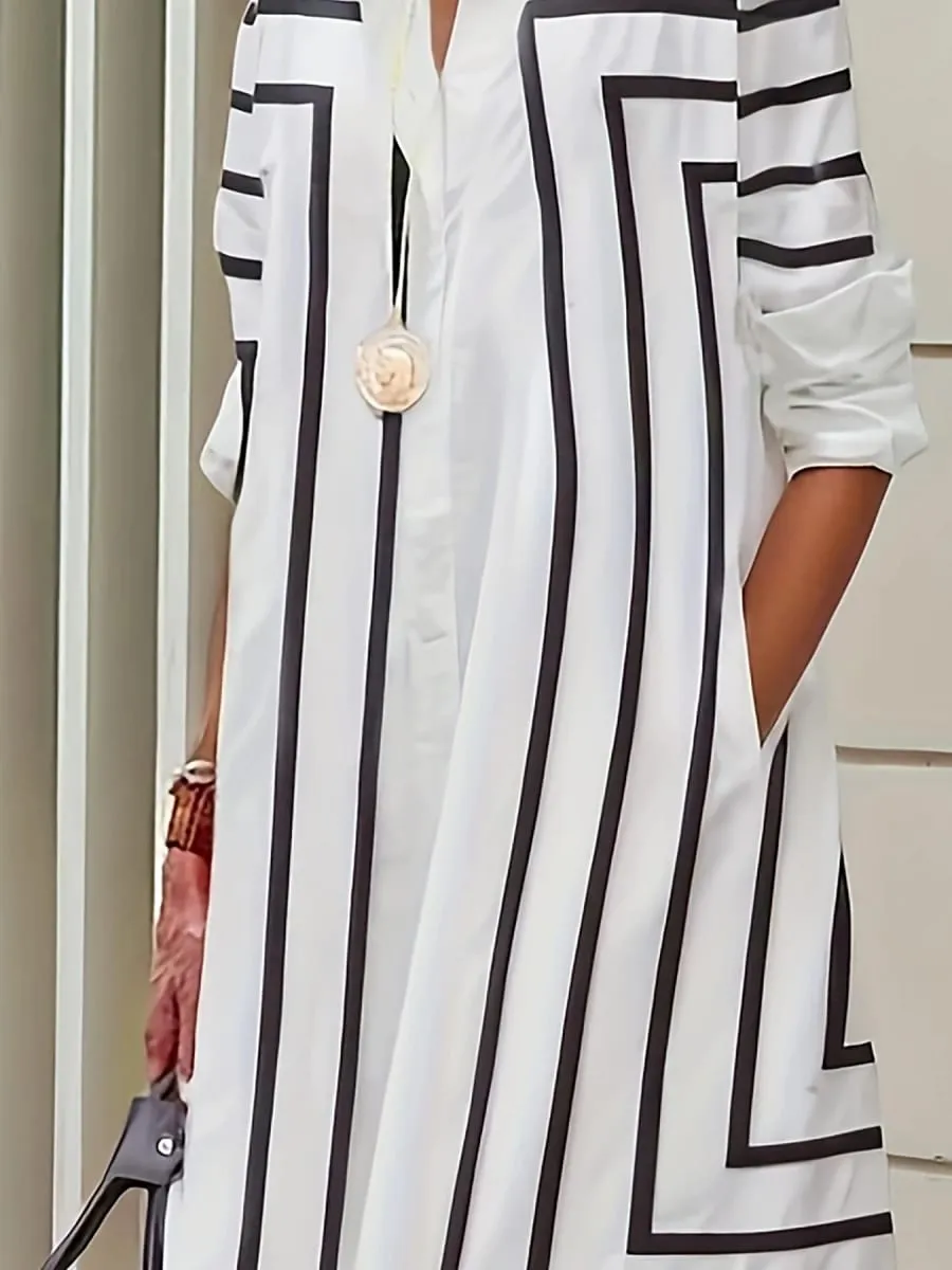 Women's Casual Striped Button Loose Fit Knee-Length Short Sleeve Black & White Vertical Stripes for Spring Summer Fall