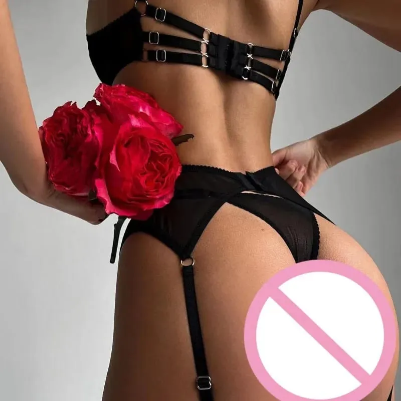 Sexy Mesh Embroidery Women's Lingerie Sets Fancy Sheer Strappy Push Up Bra Panty Garter Belts 4PC See Through Tempted Underwear