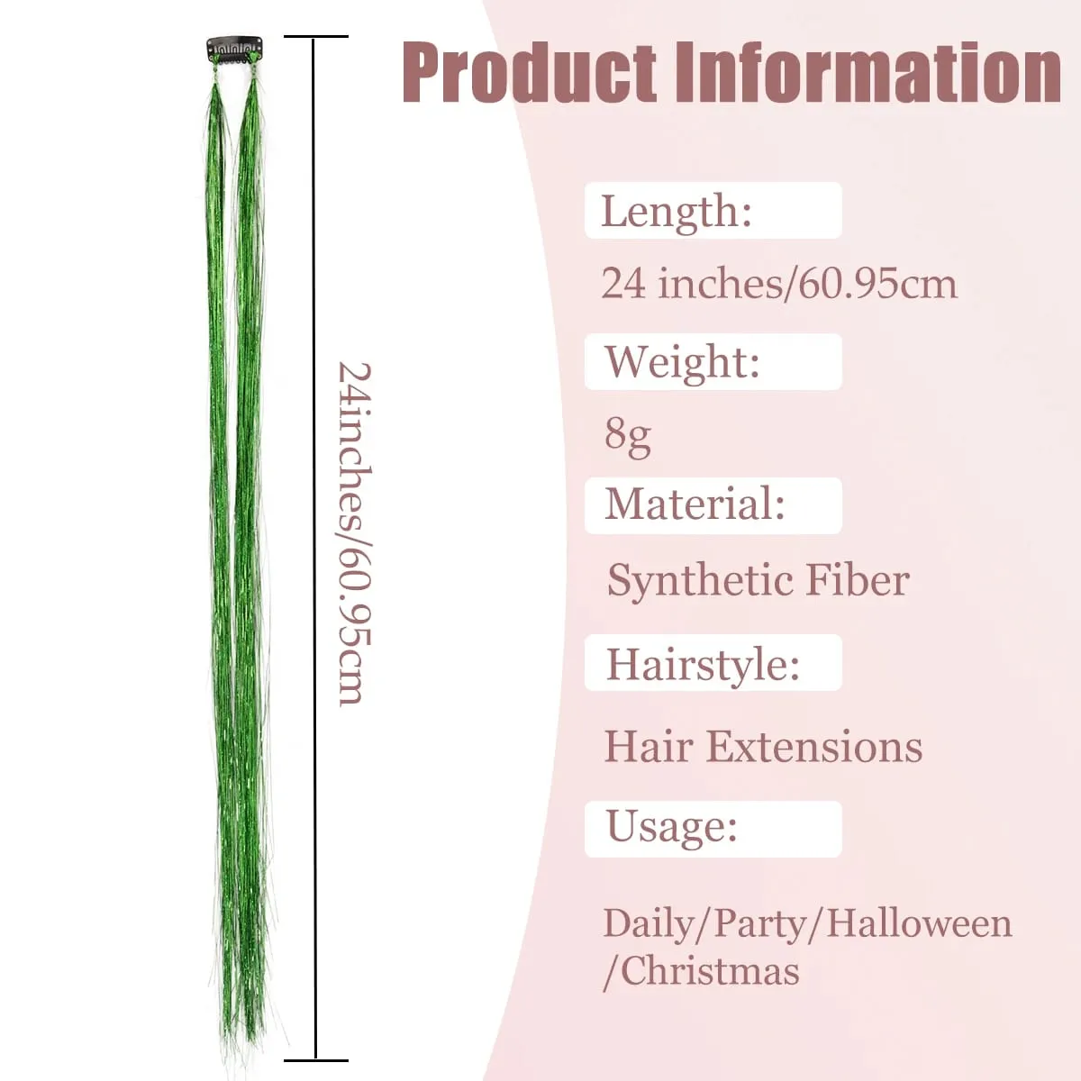 24 inch 1Pcs Colored Hair Extensions with Tinsel Long Straight Hairpiece Color Party Highlights Clip in Synthetic Hair Extension
