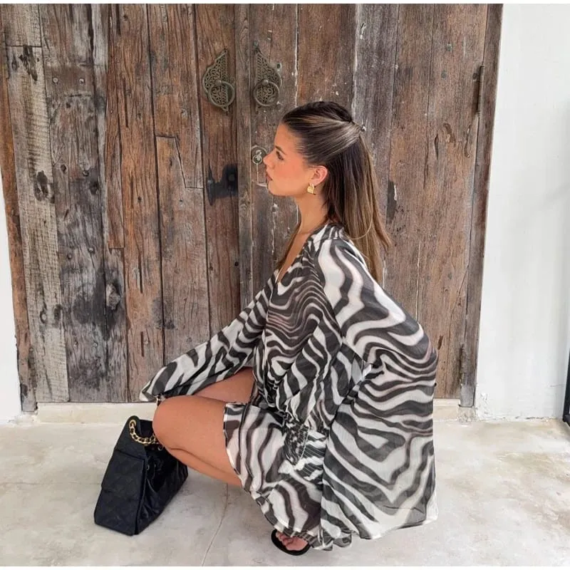 Chic Zebra Print Long Sleeve Women Dresses Sexy Deep V-neck Waist Pleats Loose Fit Dresses 2026 Lady Summer Party Club Vestidos