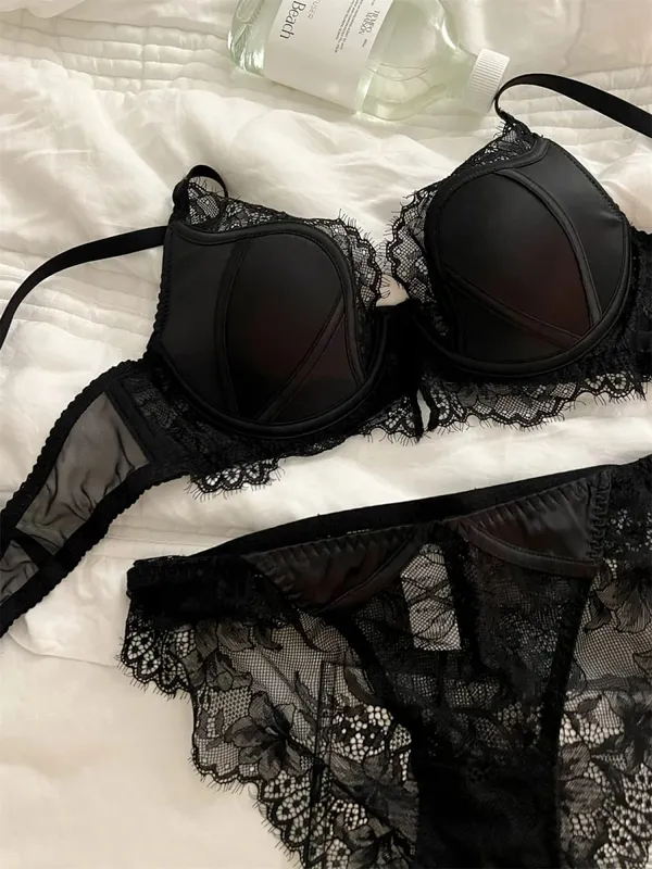Sexy Lace Deep V Lingerie Set with Steel Ring Support Hollow Out Push Up Bra & Panty — image 9