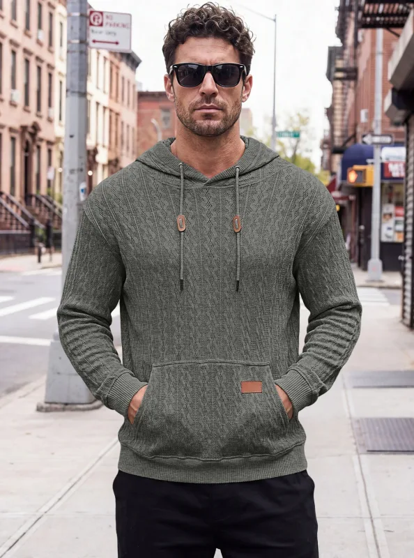 Men Thin Cable Knit Hooded Sweatshirt Drawstring Hood Kangaroo Pocket Long Sleeve Loose Casual Pullover Autumn Daily Street Tops