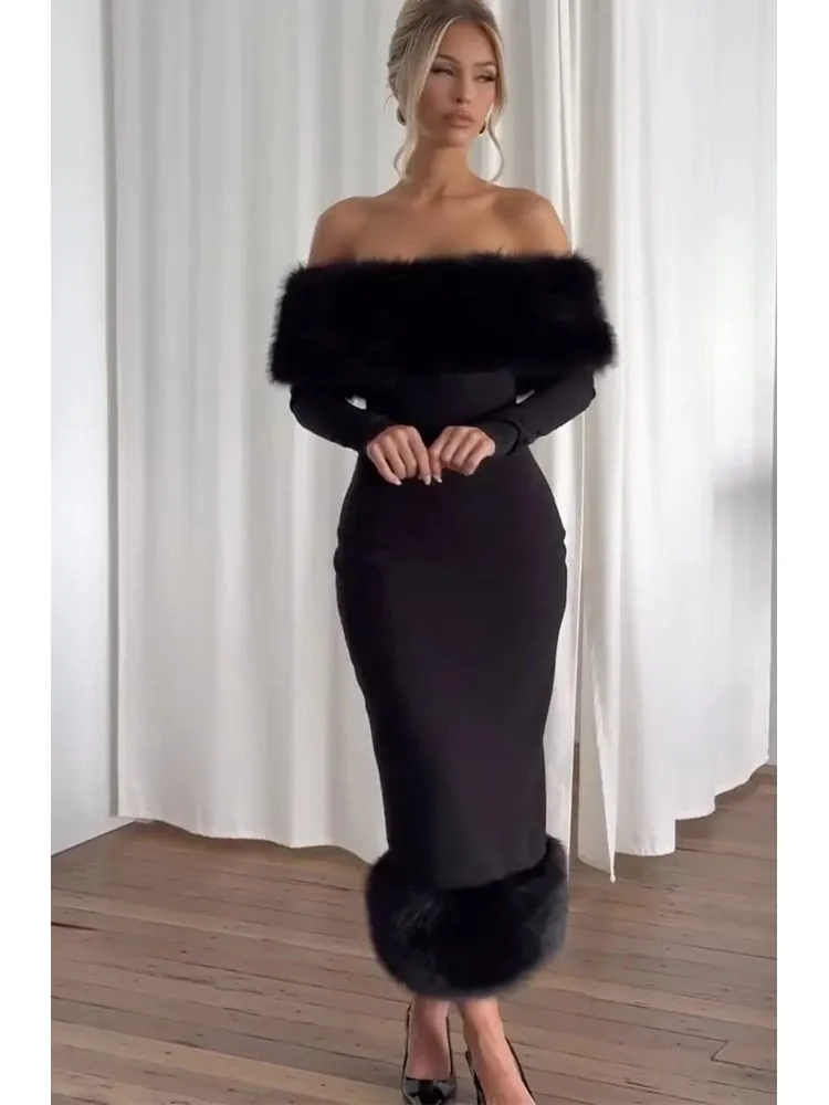 Strapless Faux Fur Patchwork Dress Women Sexy Off-shoulder Full Sleeve Cinched-waist Bodycon Dresses Lady Party Evening Gown — image 5
