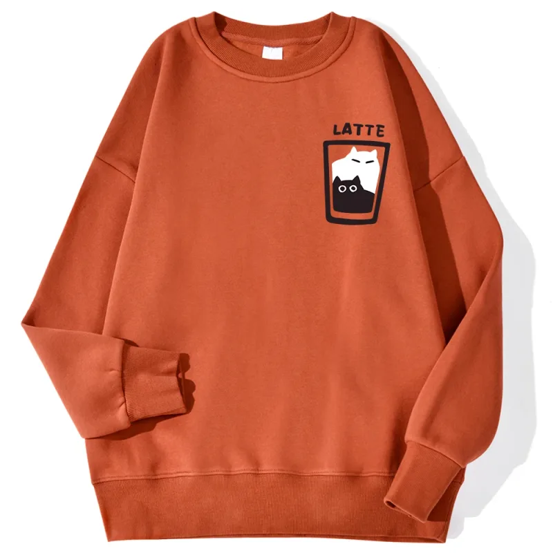 Cat Latte Cartoon Design Men Sweatshirt Fashion Casual Hooded Vintage Loose Hoodies Korean Fleece Clothing