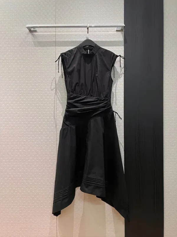 New 2026 spring summer women drawstrings stand collar cotton dresses sleeveless folds irregular dress