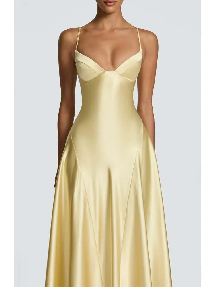 Femmes jaune coupe basse dos nu taille haute Robe à lacets sans manches taille Cincher Spaghetti sangle robes fête Club femmes Robe — image 4