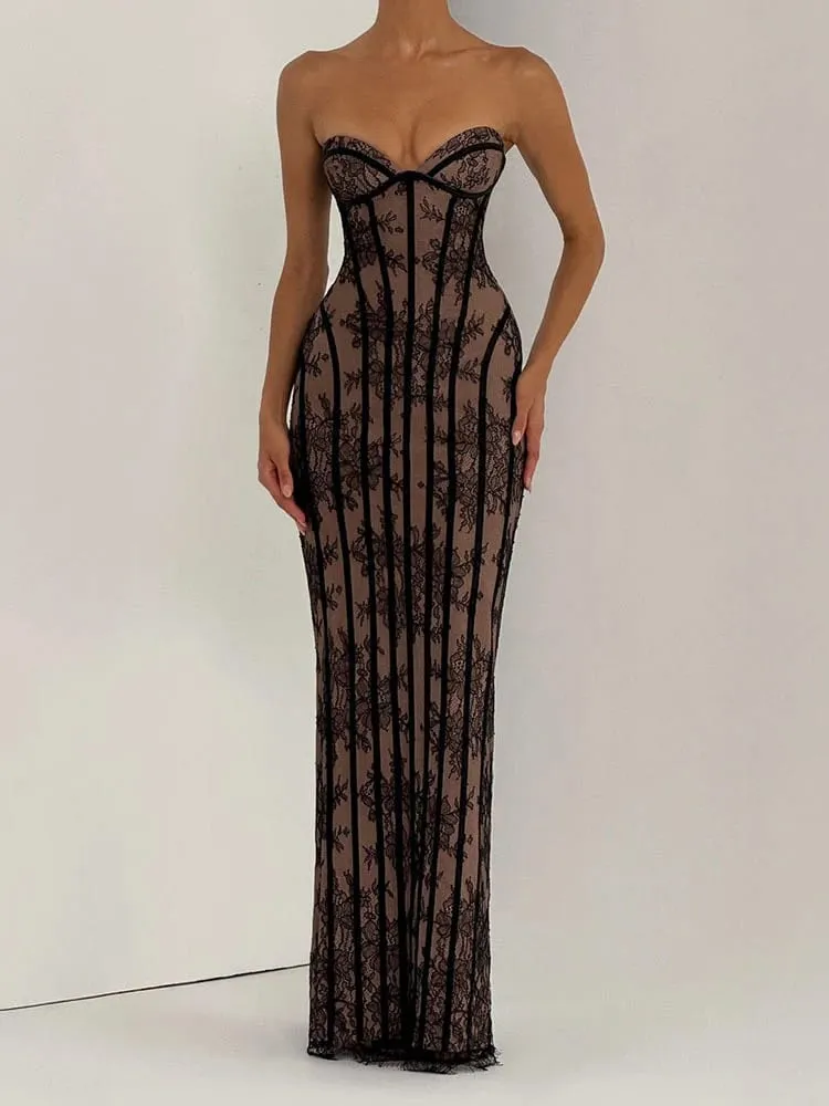 Women Backless Strapless Tulle Fishbone Dress Off Shoulder Printed Patchwork Slim Maxi Dresses 2026 Lady Chic Party Evening Gown