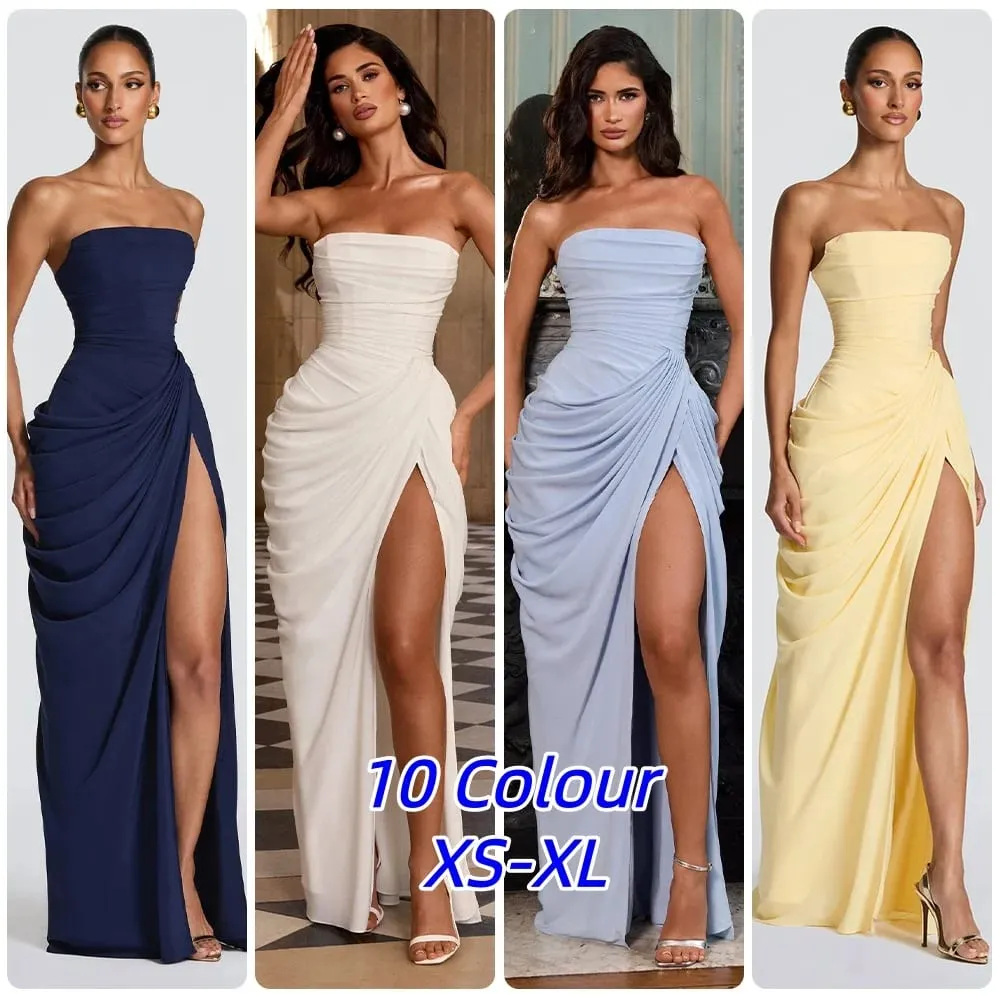 Sexy Solid Pleated Strapless Dress Lady Chic Off-shoulder Backless High Waist Split Dresses Women 2026 New Evening Party Gown