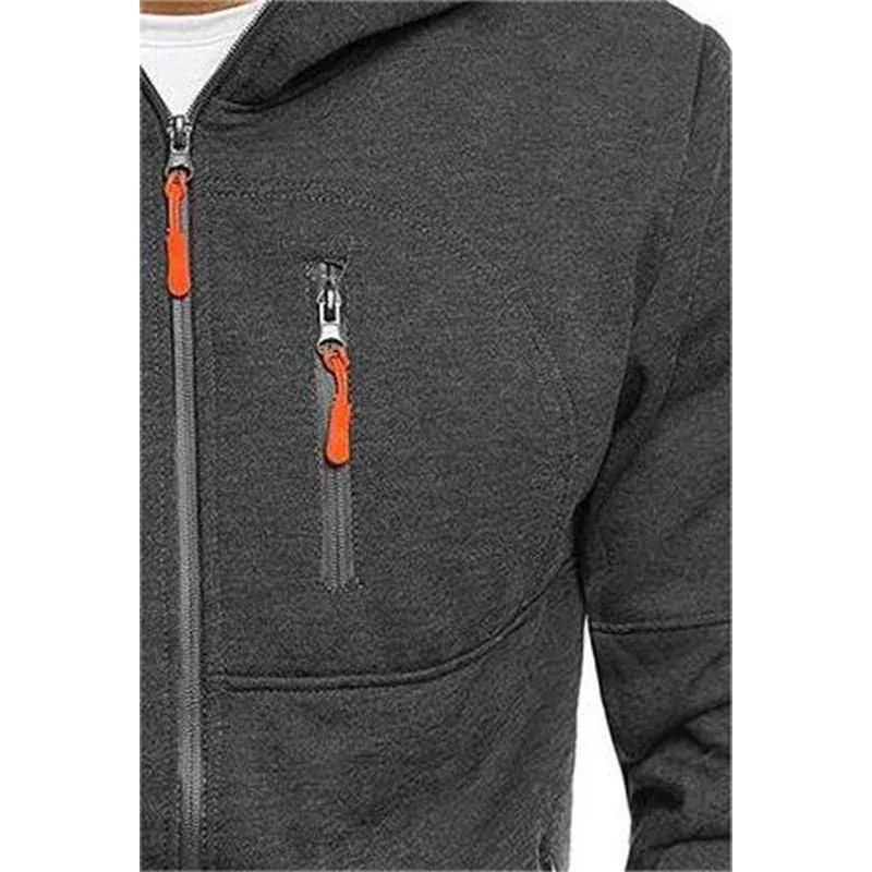 Men's Grey Hooded Sweatshirt Full Zipper Casual Sportswear with Pockets Orange Drawstring plus Size Available
