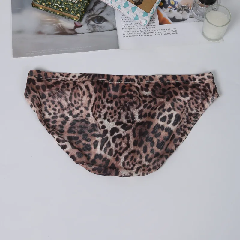 Men Sexy Briefs Underwear Mesh Sheer Ultra-Thin Underpants Big Penis Pouch See Through Panties Leopard Bikini