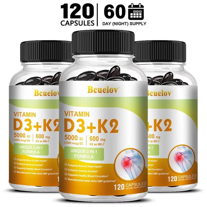 Bcuelov Vitamin D3+K2 5000 IE Vitamin D3 ikke-GMO formel let at sluge vitamin D og K kompleks kosttilskud