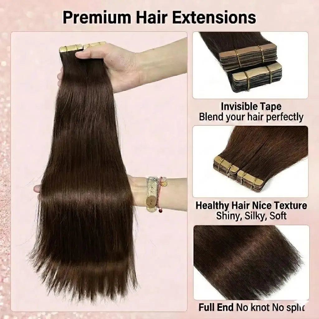 16A Brown Tape In Hair Extension Straight Seamless Invisible Tape In Human Hair Extensions 42 Pcs-100g 16 18 20 22 Inch Colored Raw Virgin Skin Adhesive