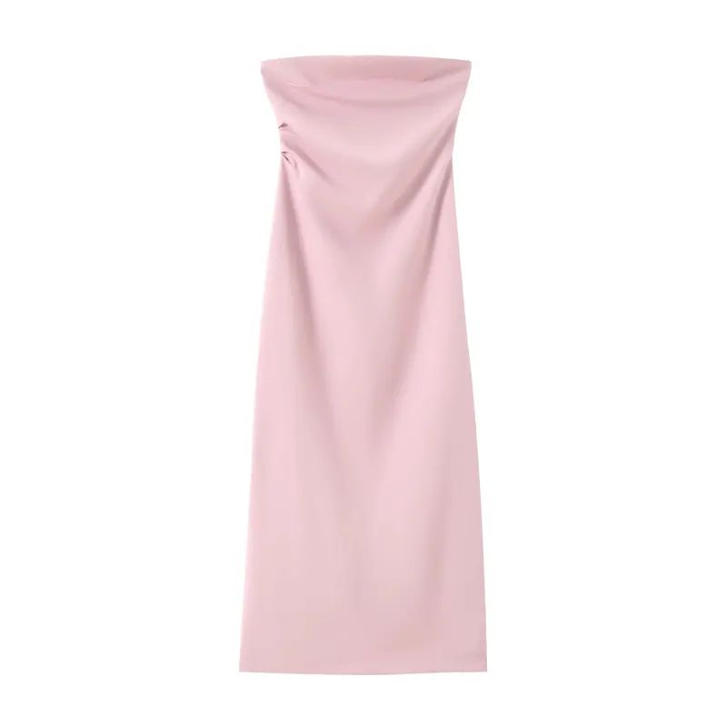 Women Fashion Summer New Sexy Split Back Zip Pleated Sleeveless Strapless Dress Chic Female French Elegant Evening