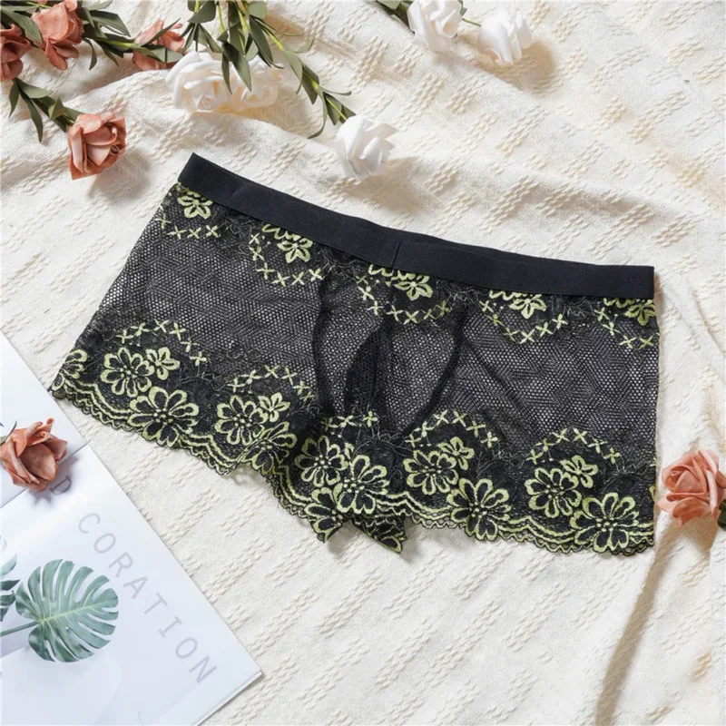 Men Lace Jacquard Mesh Boxer Shorts Underwear Hollow Temptation Exotic Trunks Silk Soft Quick Dry Breathable Sexy Panties