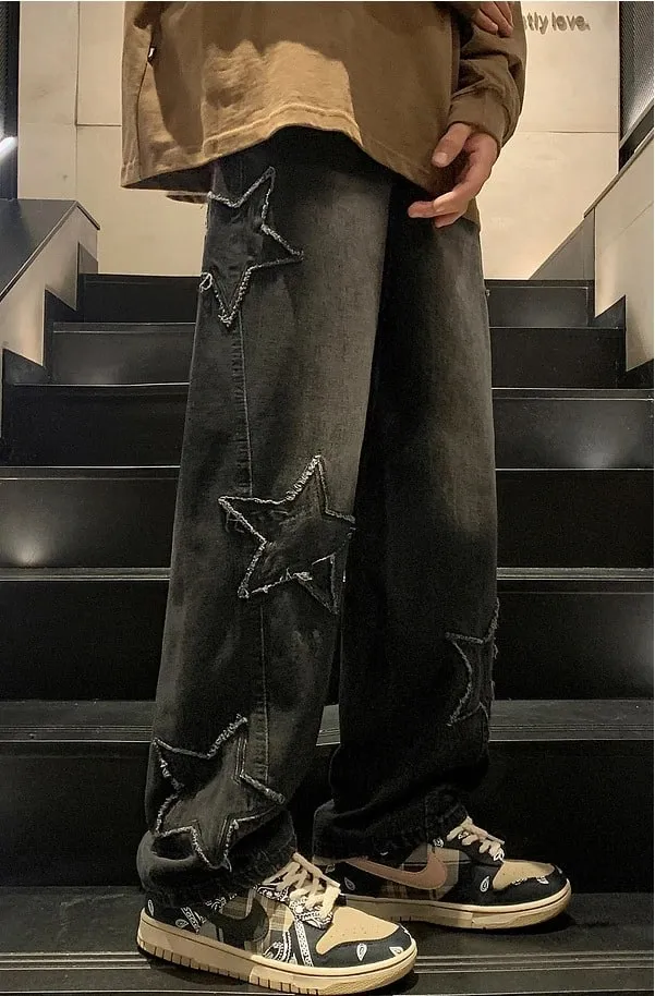 Men's Black Faded Baggy Wide Leg Jeans Raw Edge Star Patch Detail Hip Hop Street Style Casual Daily Going Out Loose Fit Denim Trousers