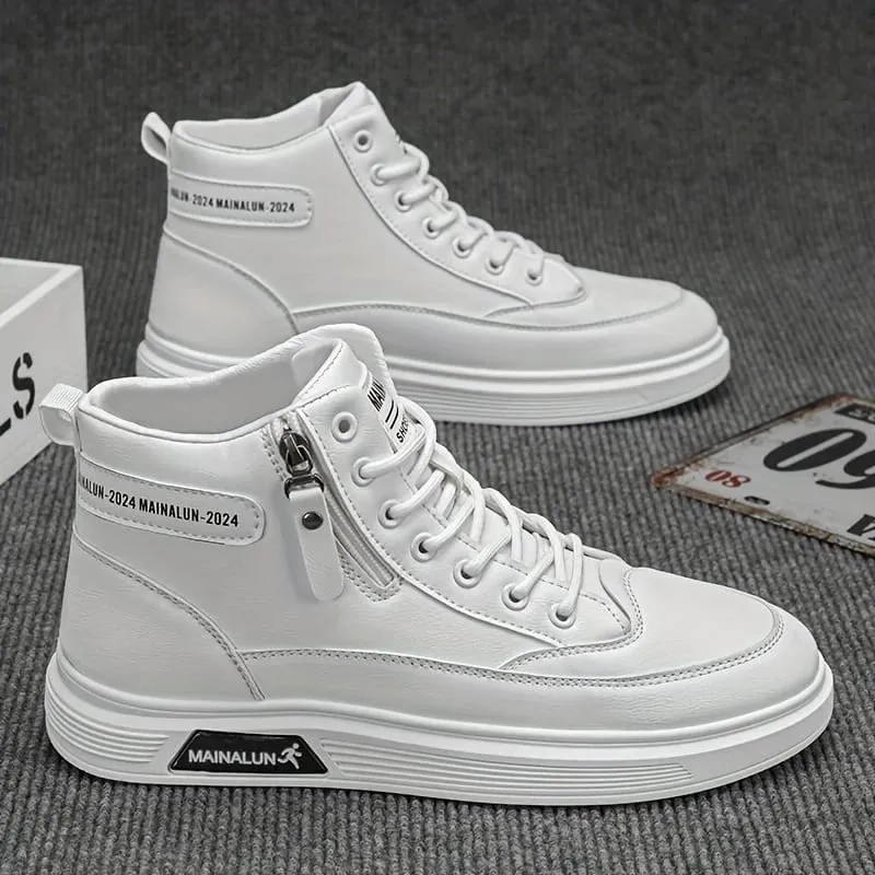 High-Top Sneakers for Men Designed for All Seasons Featuring a Non-Slip PU Sole And a White Laceless Design Suitable for Urban