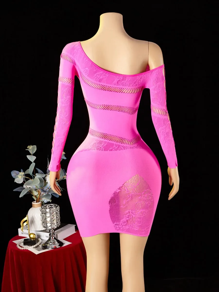 Women's Sexy Dress Asymmetrical Design Hollow Out Bodycon Dress Long Sleeve See Through Mesh Dress Club Party Street Outfit