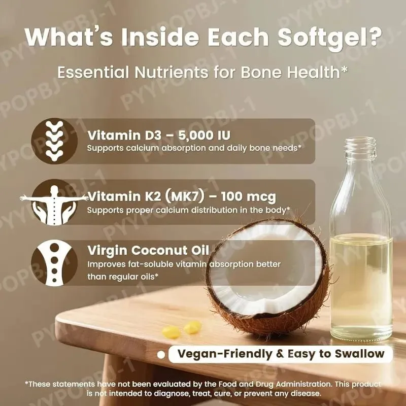 Vitamin D3 K2 Softgels with Coconut Oil 5000 IU D3 & 100 mcg K2 MK-7 Daily Bone Wellness Support for Men & Women 300 Count