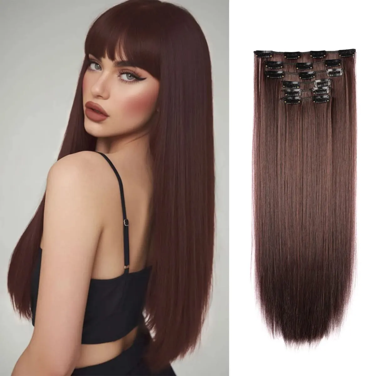 Synthetic Clip in Hair Extensions Clip in 6pcs set Straight Hair 22inch Thick Hairpieces for Women Girls Daily Party — image 8