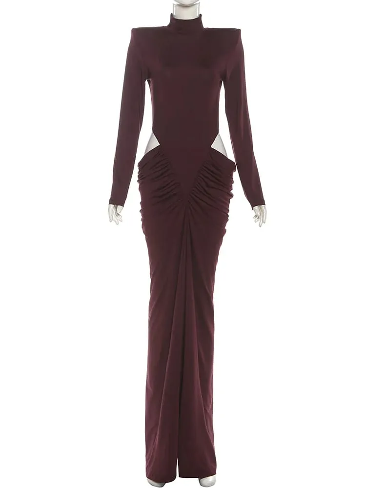 Kliou Ruched Elegant Dress Woman Autumn New Style Turtleneck Full Sleeve Hollow Waistless Design Prom Party Hipster Long Bodycon
