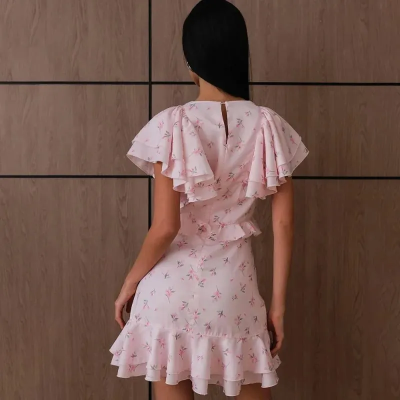 Talenza Elegant Printed Ruffle Dress Women's Summer Fashion Contrast V-Neck Patchwork Dress Vintage Party Women's Casual Dress