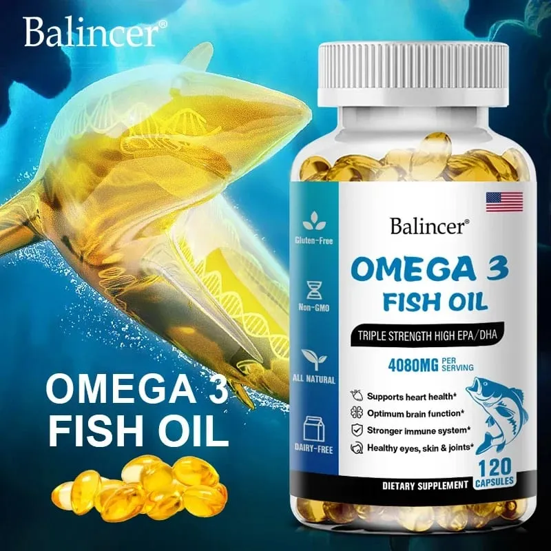 Balincer Wild Caught Omega 3 Minyak Ikan Softgels- Kekuatan Tiga Kali Lipat Tinggi EPA 1200mg DHA 900mg Non-GMO Suplemen Makanan Bebas Gluten