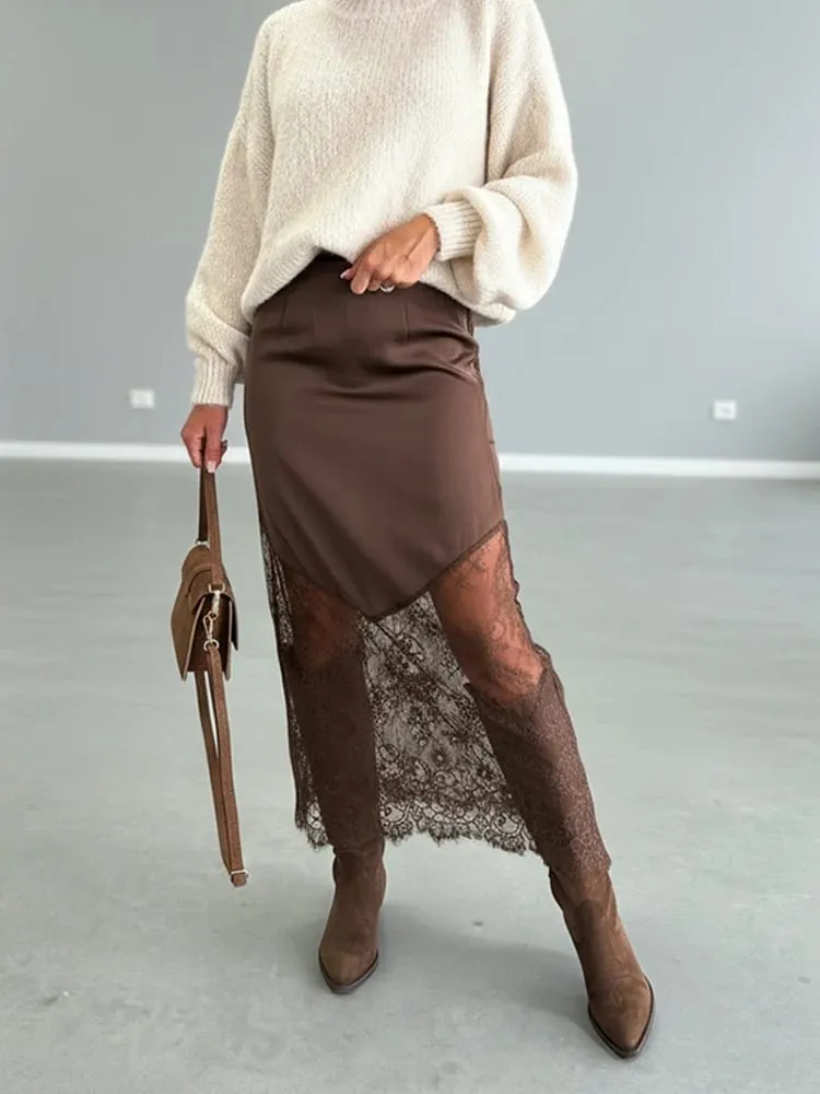 2025 Sexy Patchwork Lace Skirts Women Elegant See-through Long Skirt Casual Lady New Party Summer Evening Street Daily Midiskirt — image 3