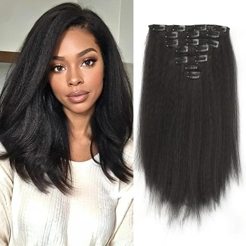 7Pcs Clip in Hair Extensions Wig Synthetic Black Yaki Straight Hair Extensions with BB Clip Fluffy Hairpiece for Women Daily Use