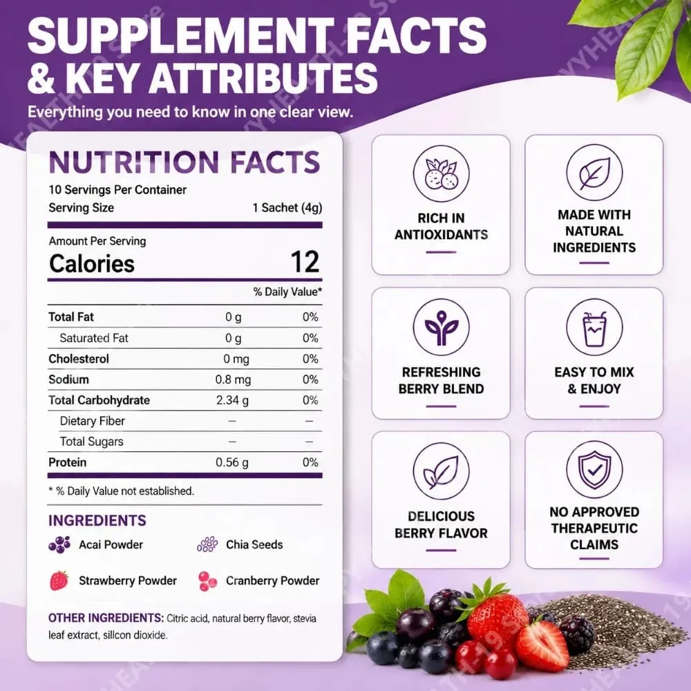 Acai Berry Drink Prášek s chia semínky Jahoda Brusinka pro antioxidanty Denní wellness & podpora imunitního systému pro dospělé 40 g