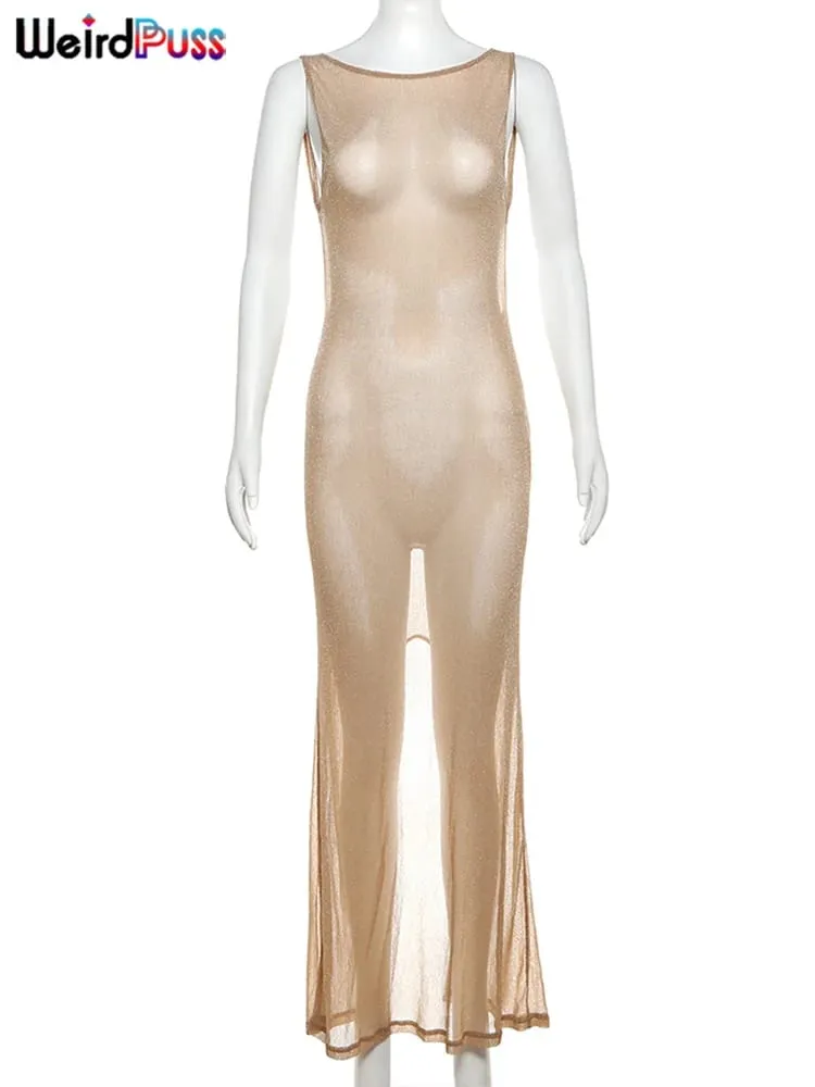 แปลก Puss ดูผ่านชุดหญิง 2024 ฤดูร้อนบางแขนกุด Glitter แยก Coquette Backless Clubwear Beach เซ็กซี่ Vestidos