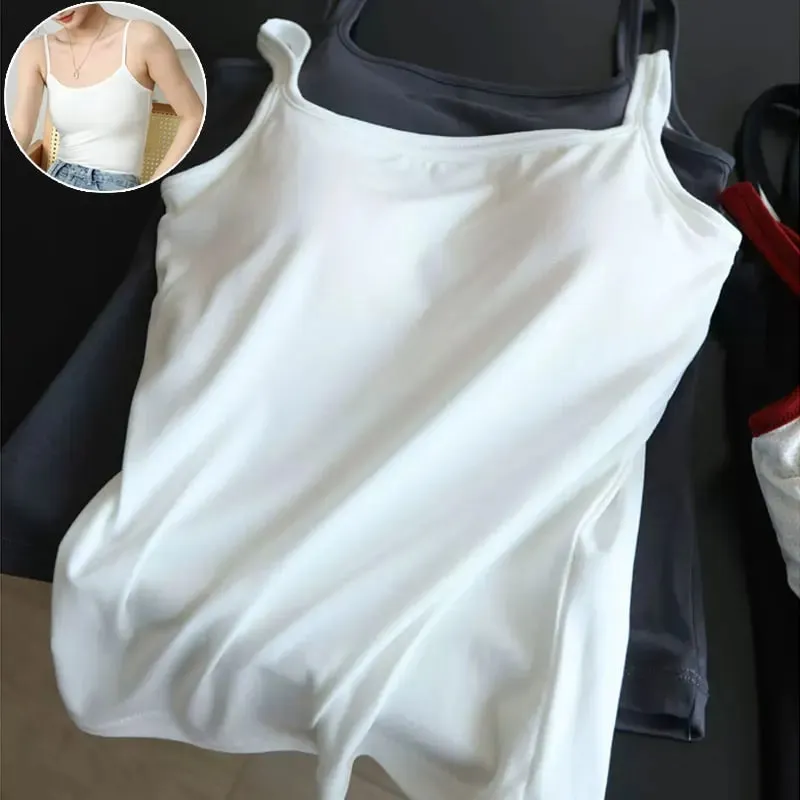 Women's Solid Color Spaghetti Straps Sleeveless Slim Camisole with Chest Pad Cotton Summer Wear Outside Female Short Tops Vests