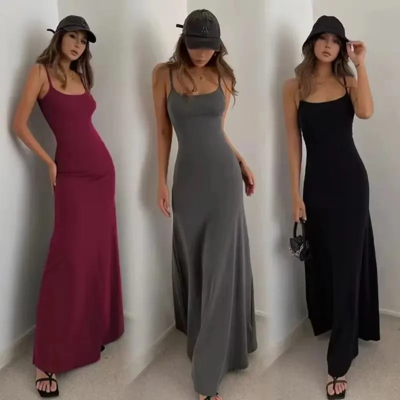 2025 Summer Women's New Fashion Simple Temperament Suspender Long Backless Slim Waisted Sexy Sweet And Spicy Casual Dresses