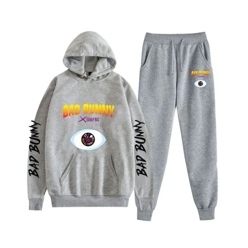 Harajuku Comfortable bad bunny Print Sweatshirt Sweatpants Suit Women's Hoodies+ Trousers Suit Boys/Girls 2 Piece Set Clothes