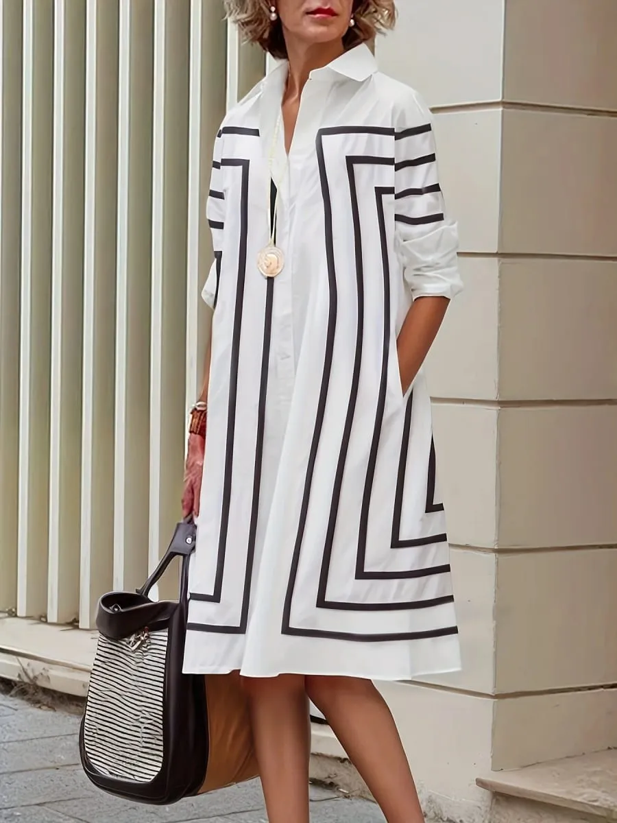 Women's Casual Striped Button Loose Fit Knee-Length Short Sleeve Black & White Vertical Stripes for Spring Summer Fall