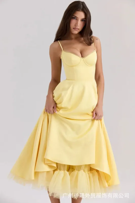 2026 Spring/summer High End Satin Strapless Heavy Industry French Waist Strap Sexy Hot Girl Medium Long Dress Women Elegant