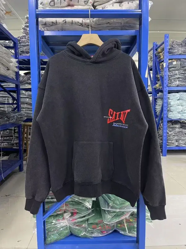 26FW SAINT x Ber B J Co-brand Big Logo Printed Women Men Washed Hooded Sweatshirt Hoodies Vintage Distressed Men Casual Hoodie