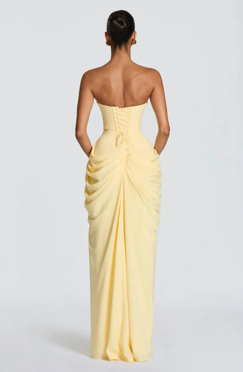 Mingmingxi Spring Summer Yellow Strapless Maxi Dress Ruched High Slit Evening Gown Bodycon Wedding Guest Party Dress Women