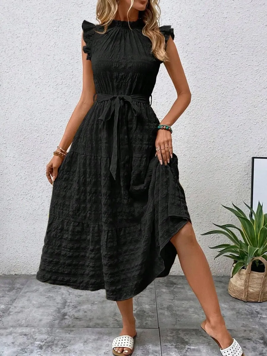 2026 Summer Fashion Flutter Sleeve Women Stand Collar Ruffles Solid Color Elegant Loose Long Dress Lace-up Texture Party Dresses